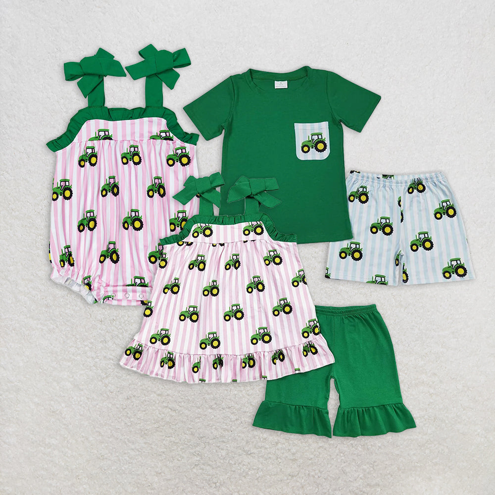 7.17  RTS NO MOQ Short sleeves green pocket top tractor boys and girls farm clothes rompers