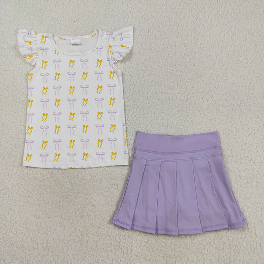 RTS NO MOQ （In stock）GT1147+GLK0085 Baby Girls Summer Outfits Baby Girls Yellow Lavender Bows Plaid Tee Shirts Top Baby Girls Lavender Yoga Active Wear Skirts Sets