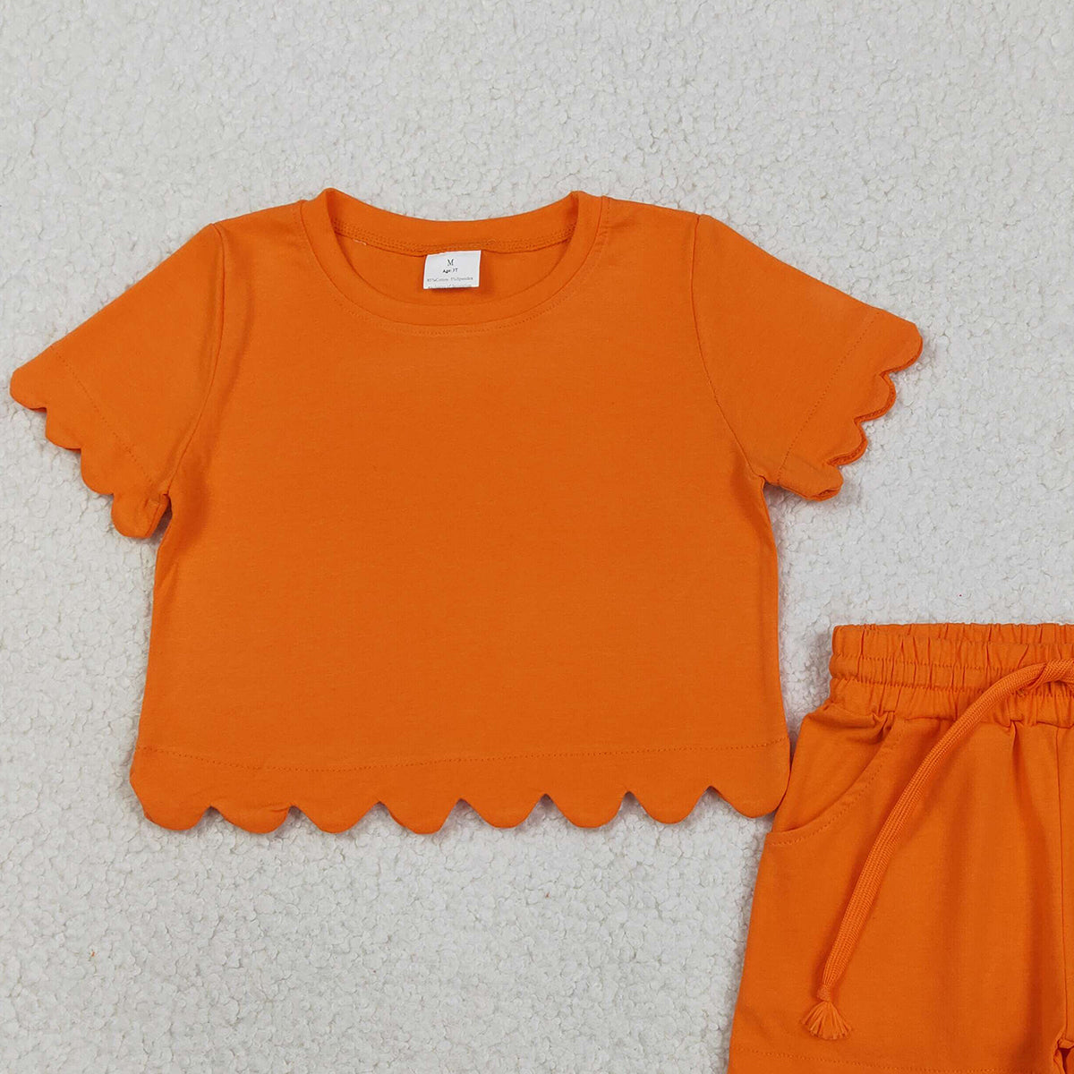3.11 RTS NO MOQ （In stock）GSSO3178 Kids Clothing for Girls Baby Girls Short Sleeve Orange Shirts Top Scallop Shorts Clothes Sets