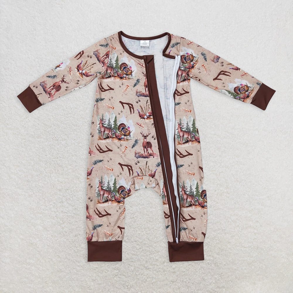 USA Shop (in stock) LR1014RTS NO MOQ Baby Boys Winter Outfits  Modal Deerhorn Turkey Brown Zipper Long Sleeve Bodysuit