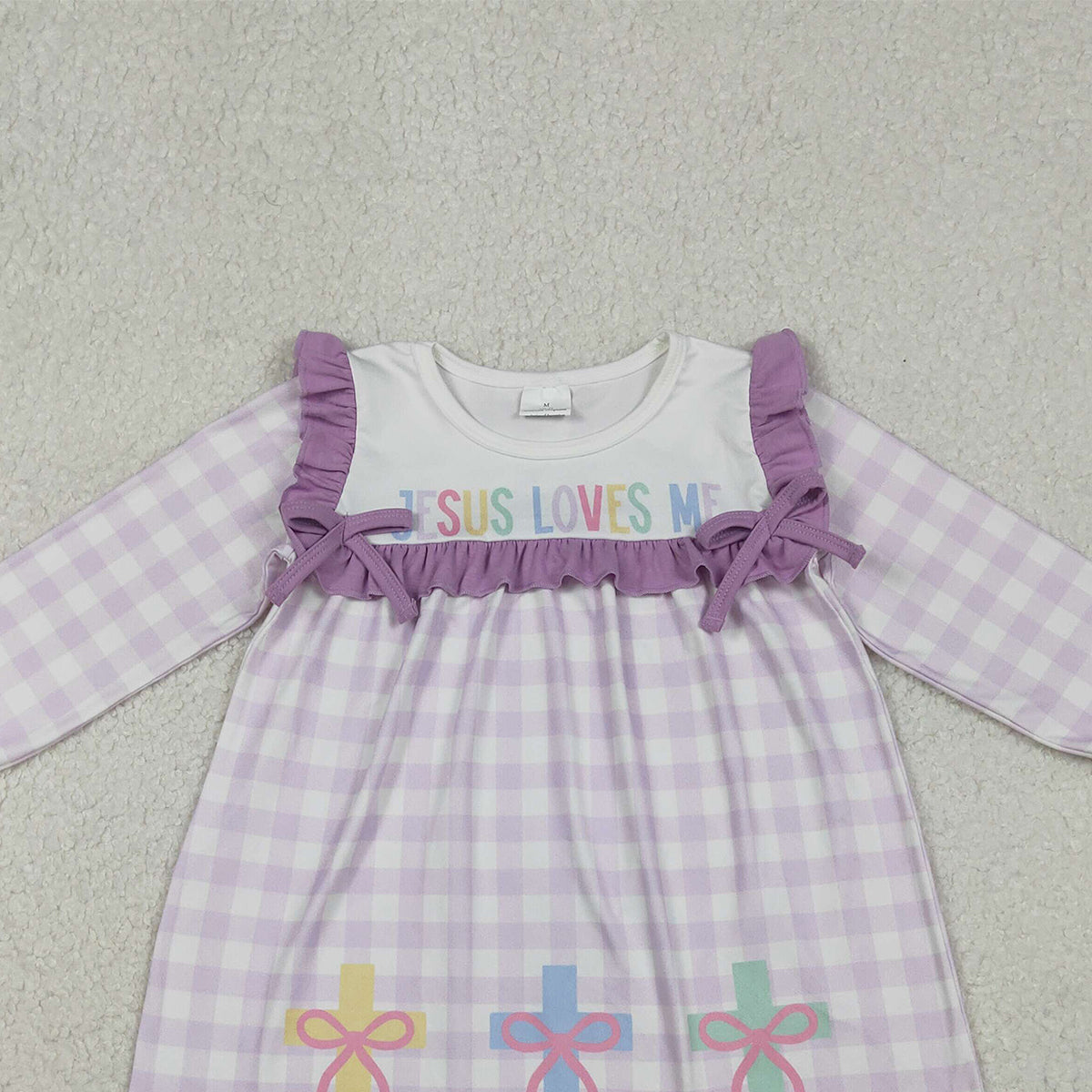 10.27 RTS NO MOQ （In stock）GLD1356 Baby Girls Winter Dress Baby Girls Lavender Checked Jesus Love Me Cross Knee Length Dresses