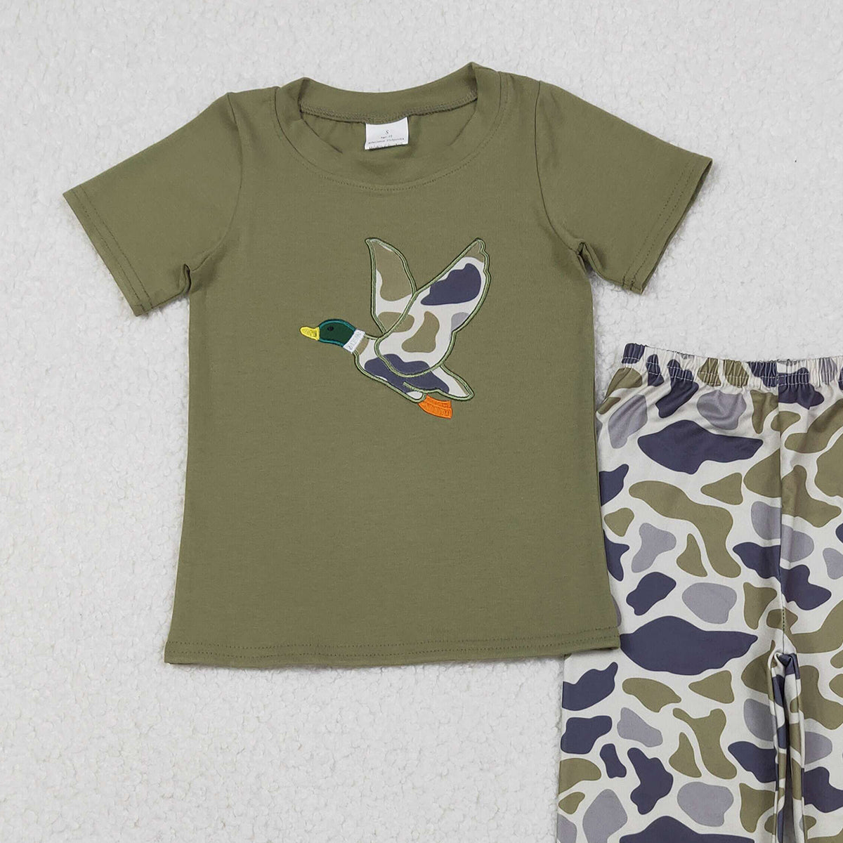 10.21 RTS NO MOQ （In stock）BSPO0583 Embroidery Camo Duck Baby Boys Green Top Flare Pant Hunting Set