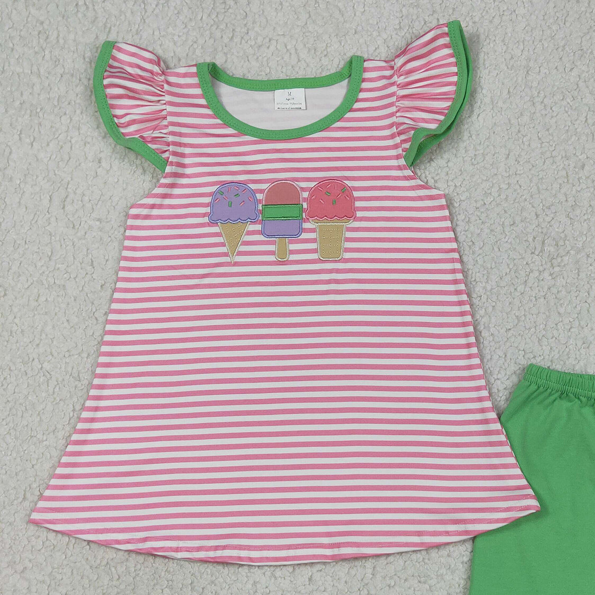 GSSO2349 RTS NO MOQ （In stock ）Pink stripe popsicle top green shorts girls summer clothes
