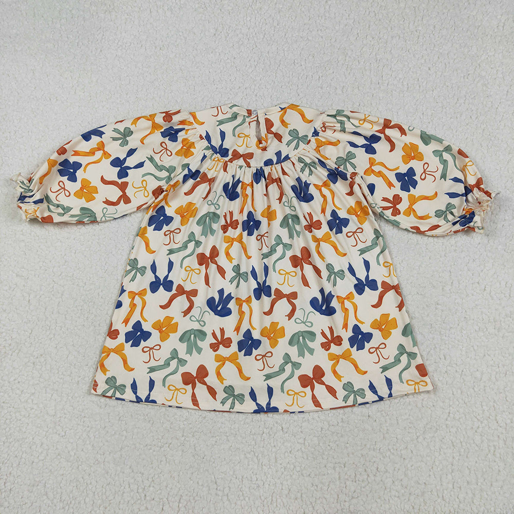 RTS NO MOQ （In stock）GLD1086 Baby Girls Winter Dress Smocked Embroidery Baby Girls Thanksgiving Thankful Colorful Bows Knee Length Dresses
