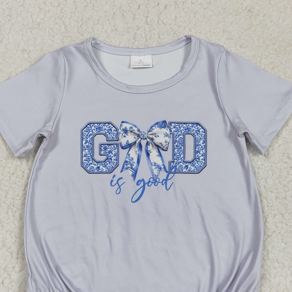 SR2772 RTS NO MOQ Baby Boys Summer Rompers Light Blue Floral Bow Baby Romper Short Sleeves 'God Is Good' Print Infant Outfit Casual Comfortable Clothing for Babies