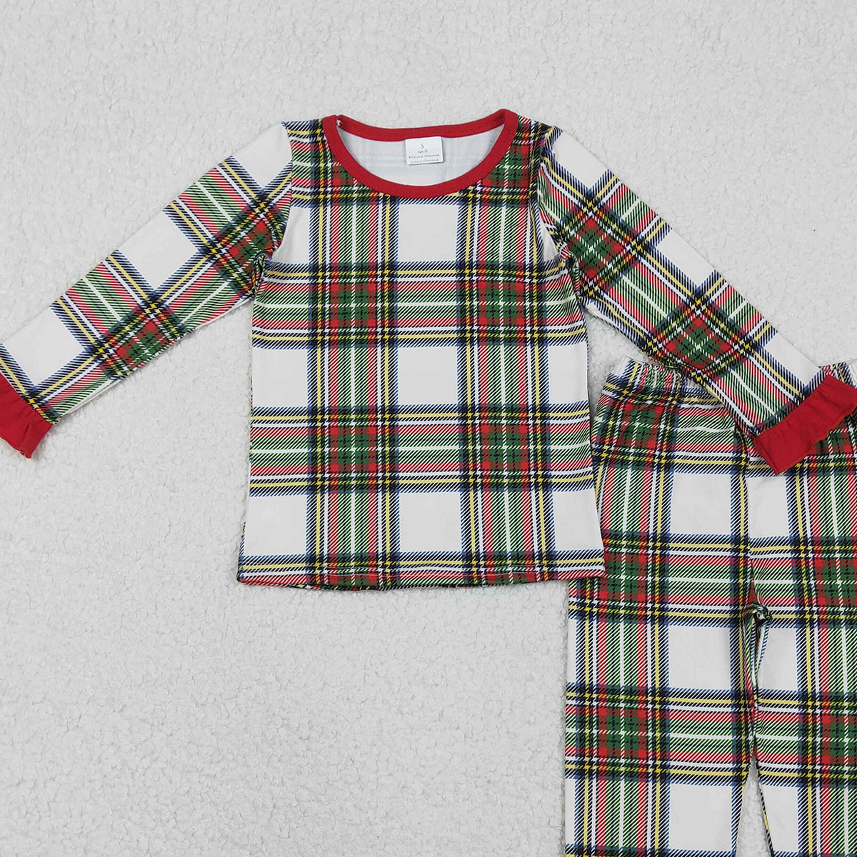 11.4 RTS NO MOQ （In stock）GLP2829 Baby Girls Green Red Checked Top Ruffle Pants Christmas Pajamas Sets