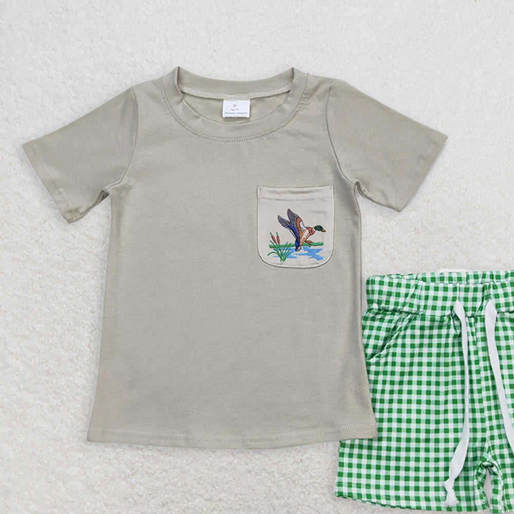 BSSO0734 RTS NO MOQ Baby Boys Summer Boys Outfits Baby Boys Ducks Green Shirt Checkered Shorts Clothes Sets