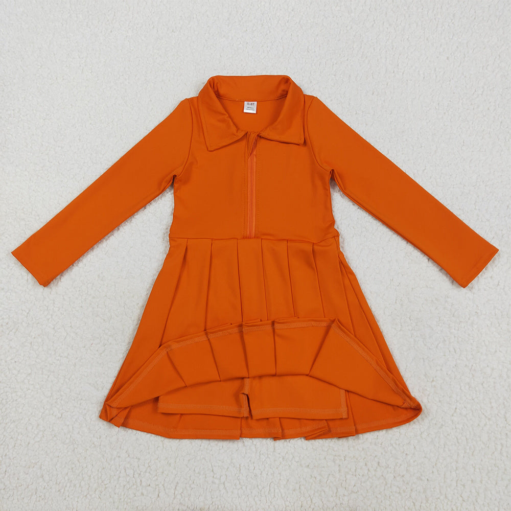 RTS NO MOQ （In stock）GLD1149 Baby Girls Yoga Dress Baby Girls Orange Long Sleeves Zipper Knee Length Dresses