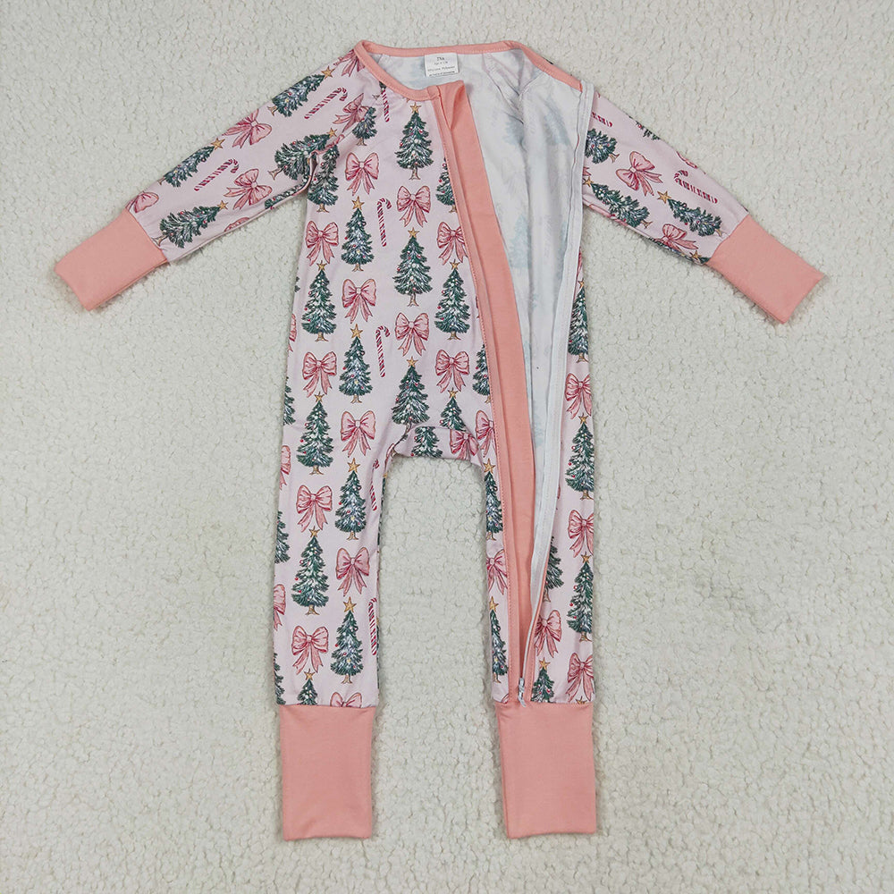 8.14 RTS NO MOQ （In stock） LR2283 Baby Girls Winter Rompers Baby Girls Long Sleeves Pink Bows Trees Zipper Pant Rompers