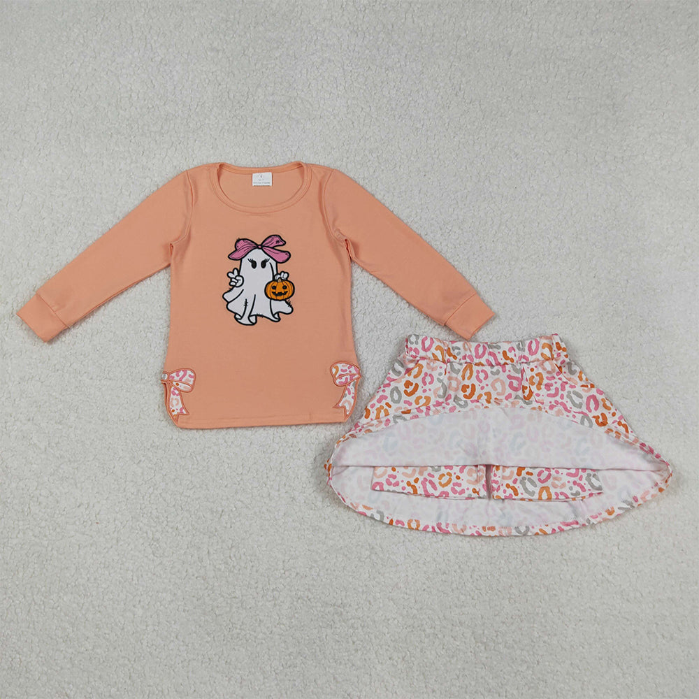 RTS NO MOQ （In stock）GLD1174 Baby Girls Skirt Sets Halloween Leopard Skorts Set with Bows Ghost And Pumpkins Tops for Kids' Halloween Outfit