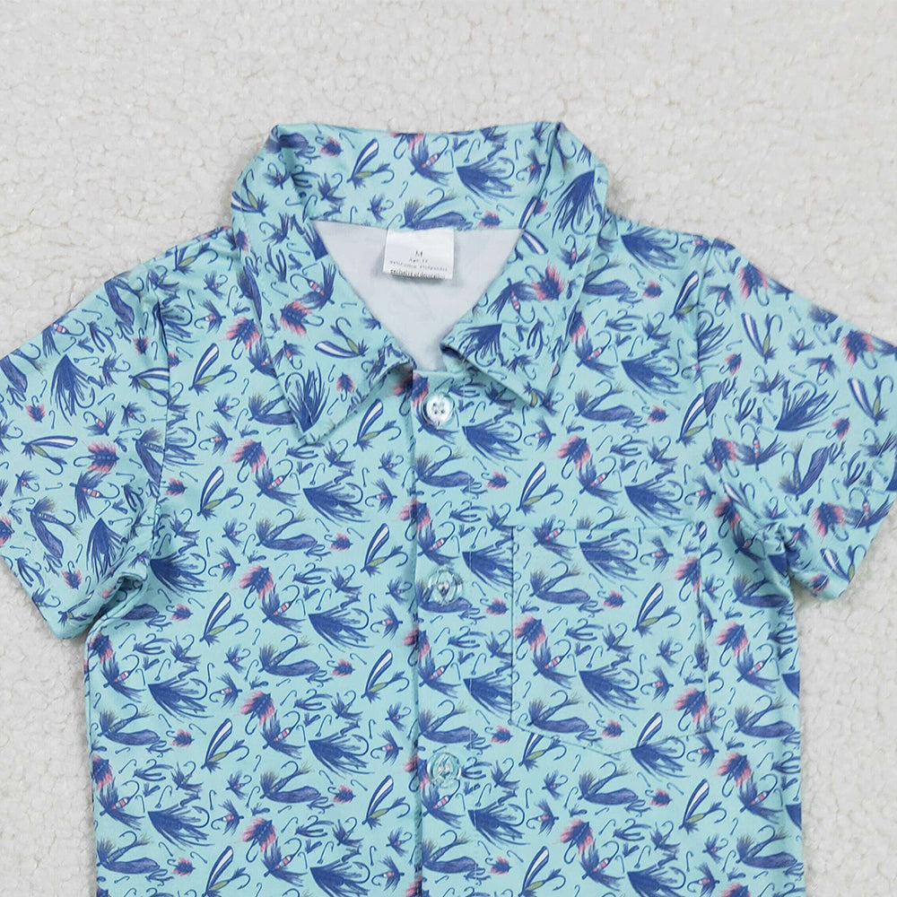 RTS NO MOQ （In stock）BT1296 Baby Boys Summer Tops Short Sleeves Blue Flowers Button Shirts Top