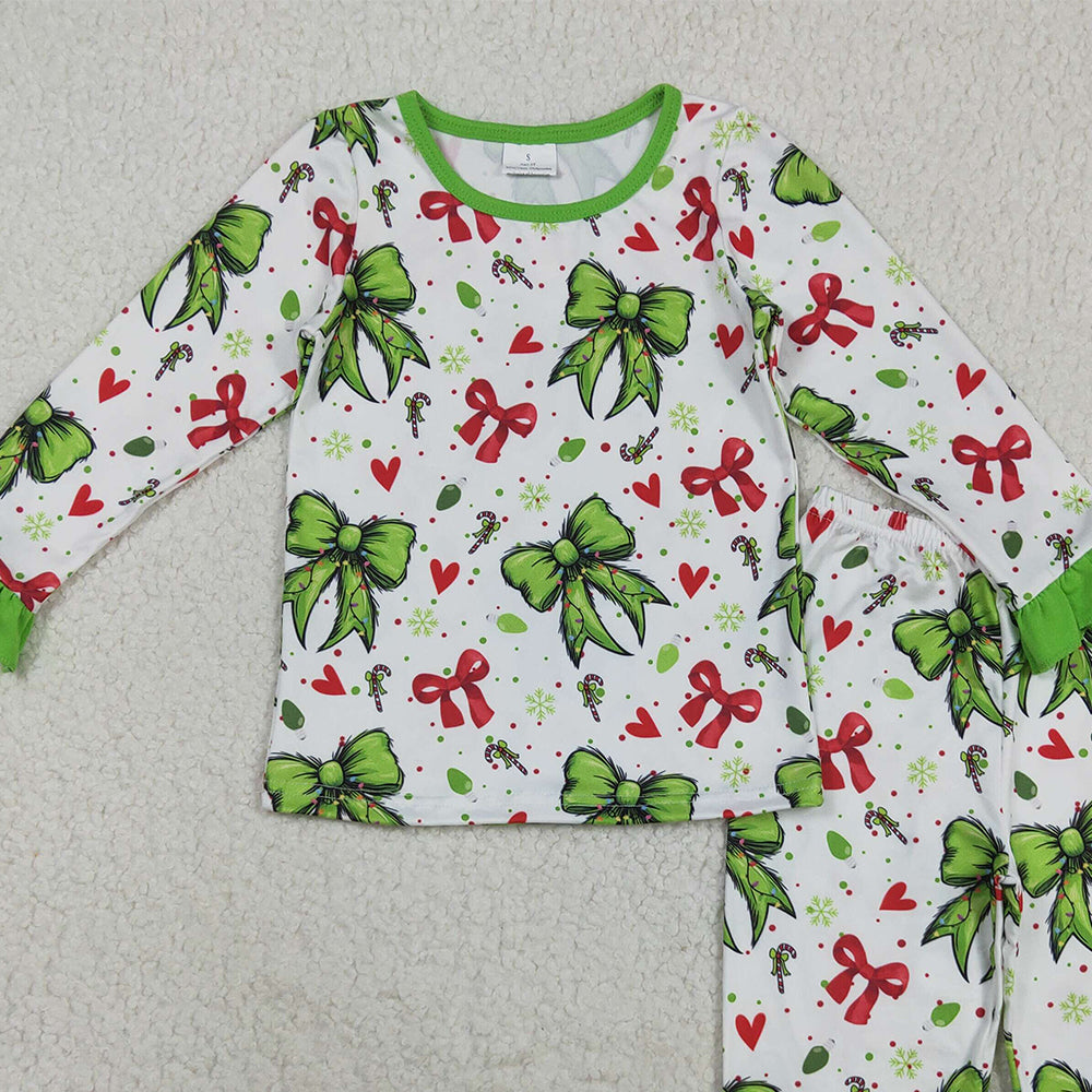 RTS NO MOQ （In stock）GLP2628 Baby Girls Winter Outfits Baby Girls Christmas Green Red Bows Hearts Top Pant Pajamas Sets