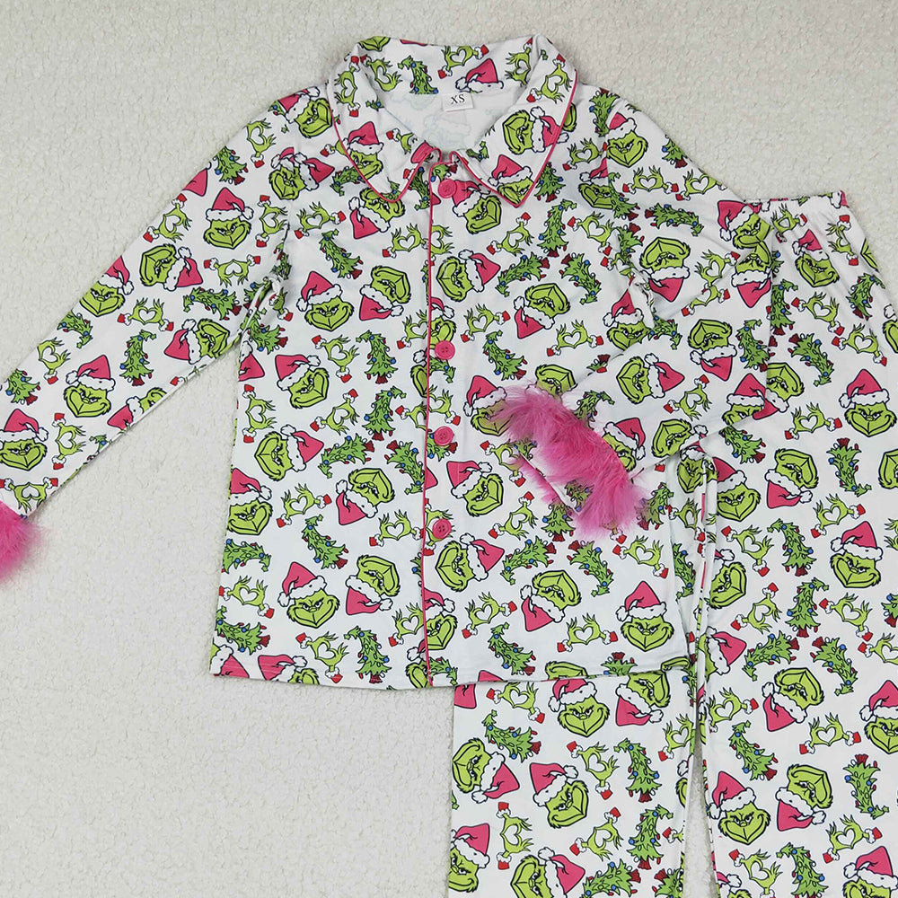 RTS NO MOQ （In stock）GLP2648 Adult women's pajamas set Pink Fur Christmas Pajamas with Green Face Button down Sleepwear for Holiday Comfort