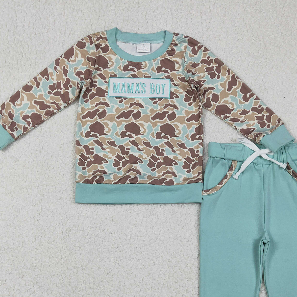 11.11 RTS NO MOQ （In stock）BLP1336 Embroidery Mama's Boy Green Camo Top Pockets Jogger Pants Clothes Sets