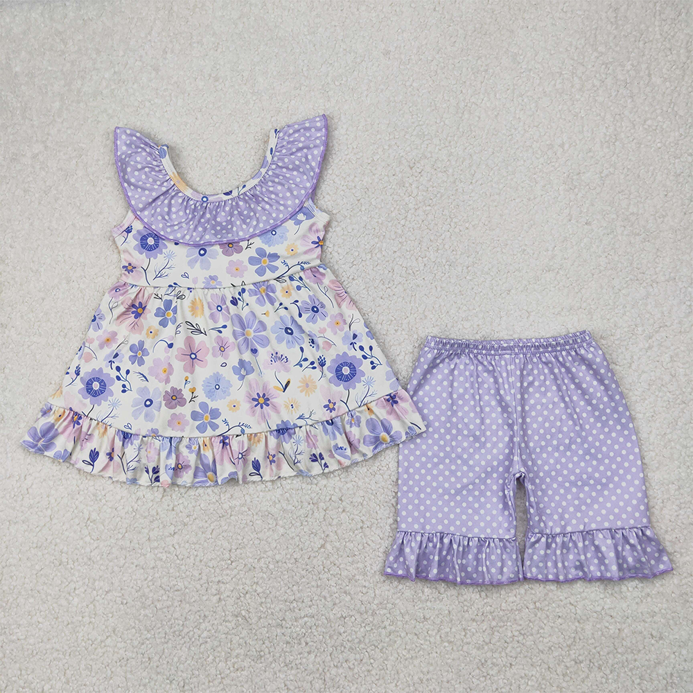 4.12 GSSO2306 RTS NO MOQ Baby Girls Summer Outfits  Polka dots ruffle floral tunic shorts girls clothing outfits