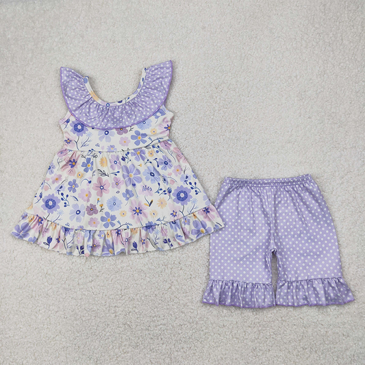 4.12 GSSO2306 RTS NO MOQ Baby Girls Summer Outfits  Polka dots ruffle floral tunic shorts girls clothing outfits