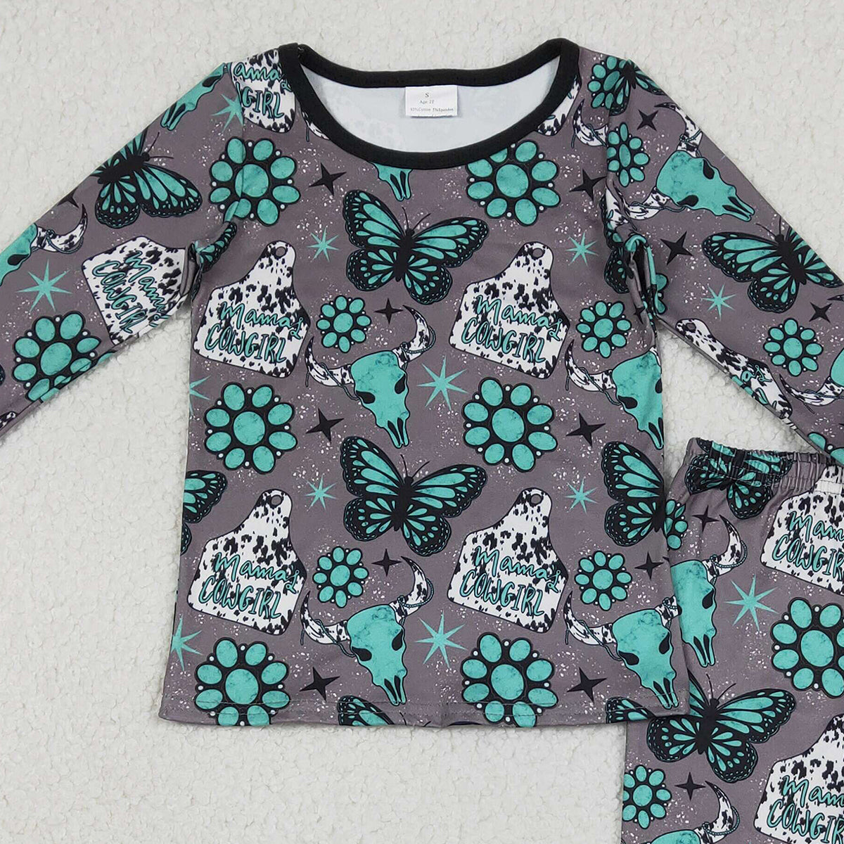 12.26 RTS NO MOQ （In stock）GLP3254 Baby Girls Bull Skulls Butterfly Turquoises Top Pants Western Pajamas Sets