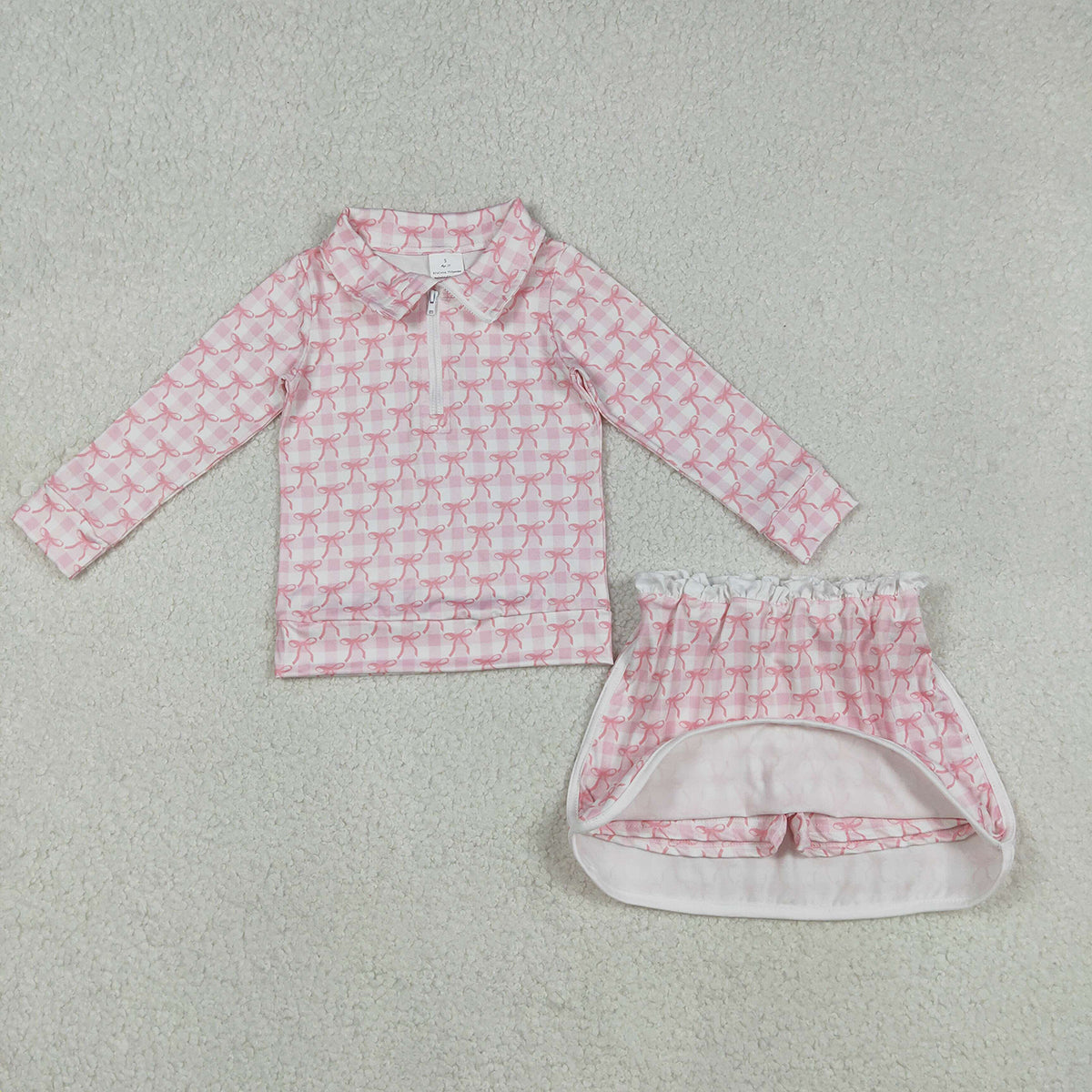 12.4 RTS NO MOQ （In stock）GLD1014 Baby Girls Pink Bows Zip Top Skort Bottoms Clothes Sets