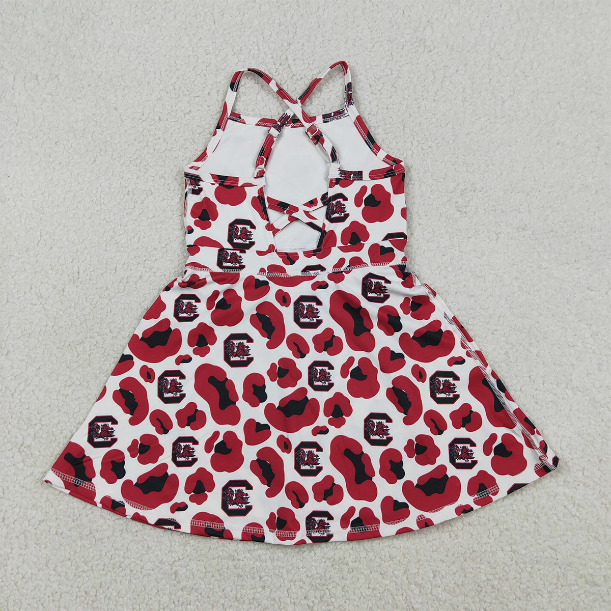 3.27 RTS NO MOQ （In stock）GSD3633 Kids Fashion Clothes Baby Girls Strap Red Leopard Team Yoga Active Shorts Knee Length Dress