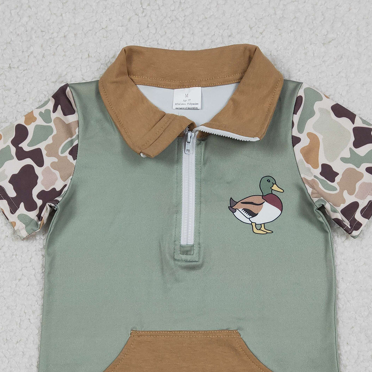 12.25 RTS NO MOQ （In stock）BT1530 Baby Boys Southern Camo Short Sleeve Ducks Zip Pockets Hunting Pullovers Top