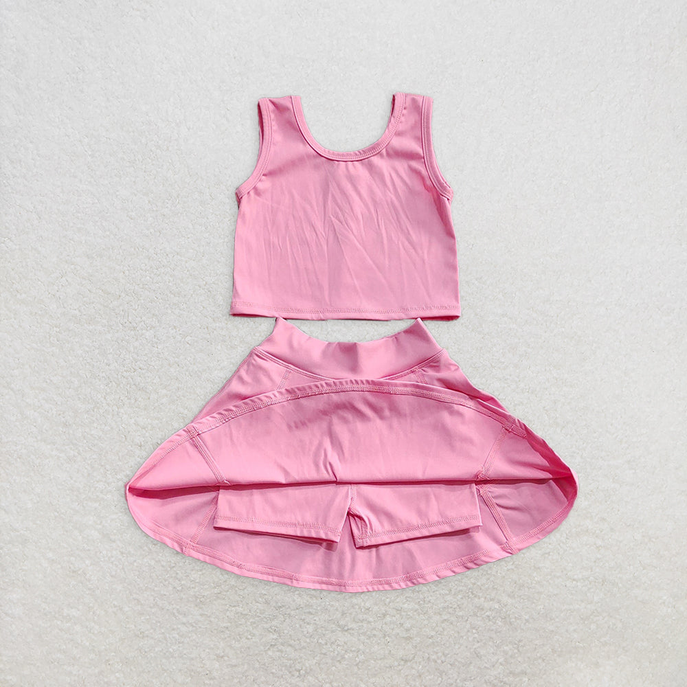GSD1978RTS NO MOQ Baby Girls Yoga Outfits Dark Pink Sleeveless Top Skirt Set Kids Girls Active Wear Outfit