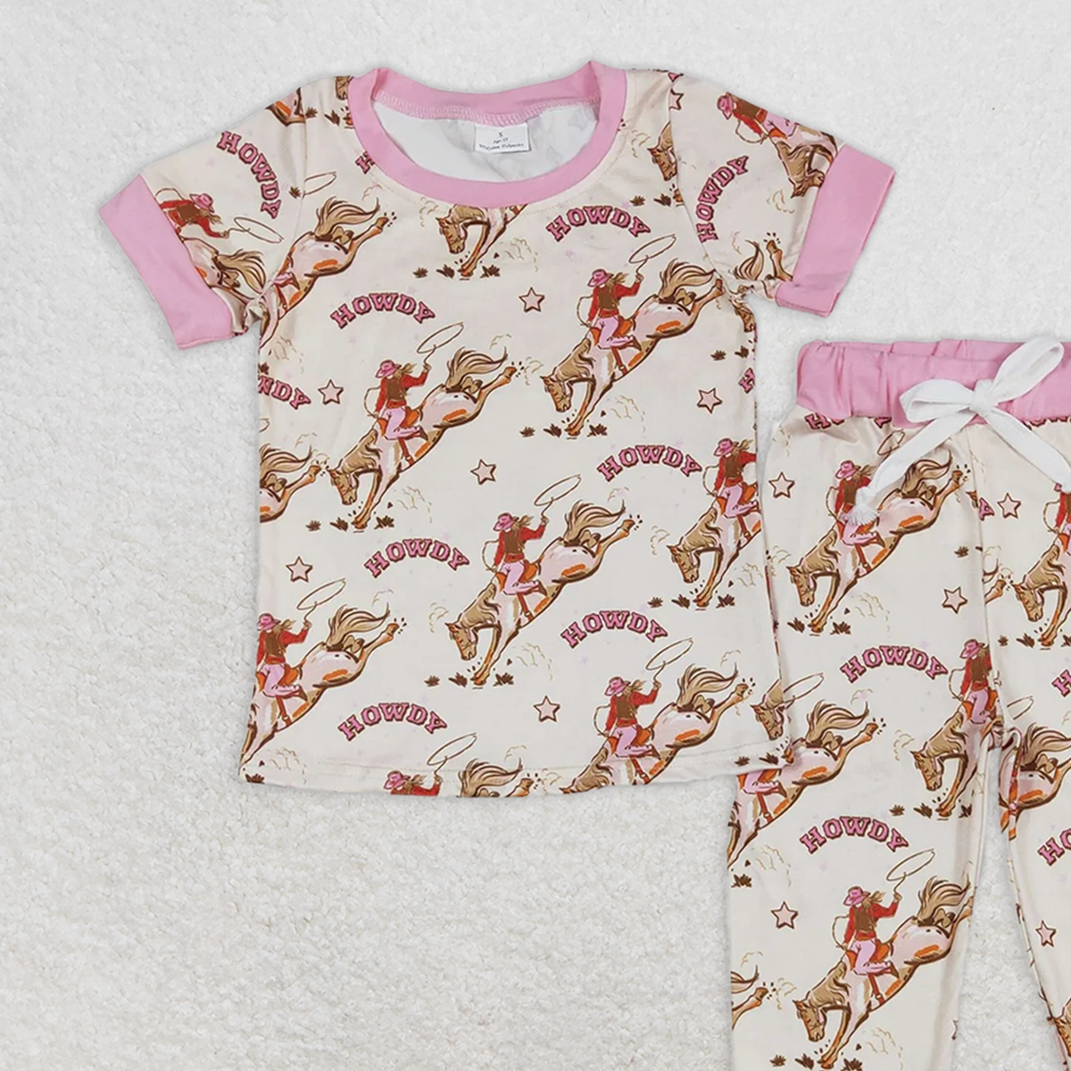 GSPO1488 RTS NO MOQ Baby Girls Pajamas Outfits howdy horse riding pink hem short-sleeved trousers pajamas set