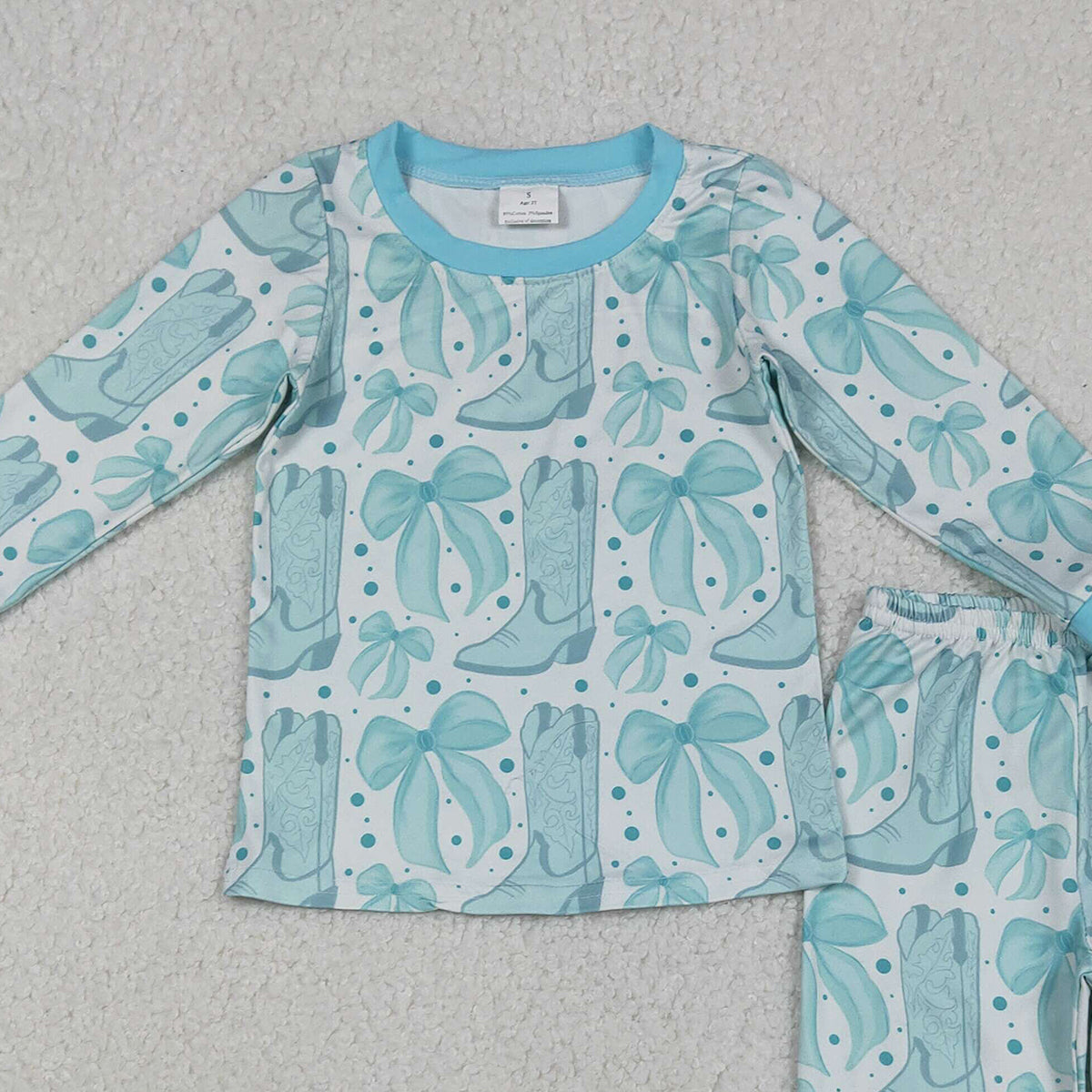 12.11 RTS NO MOQ （In stock）GLP2732 Baby Girls Light Blue Bows Boots Top Pant Western Pajamas Set