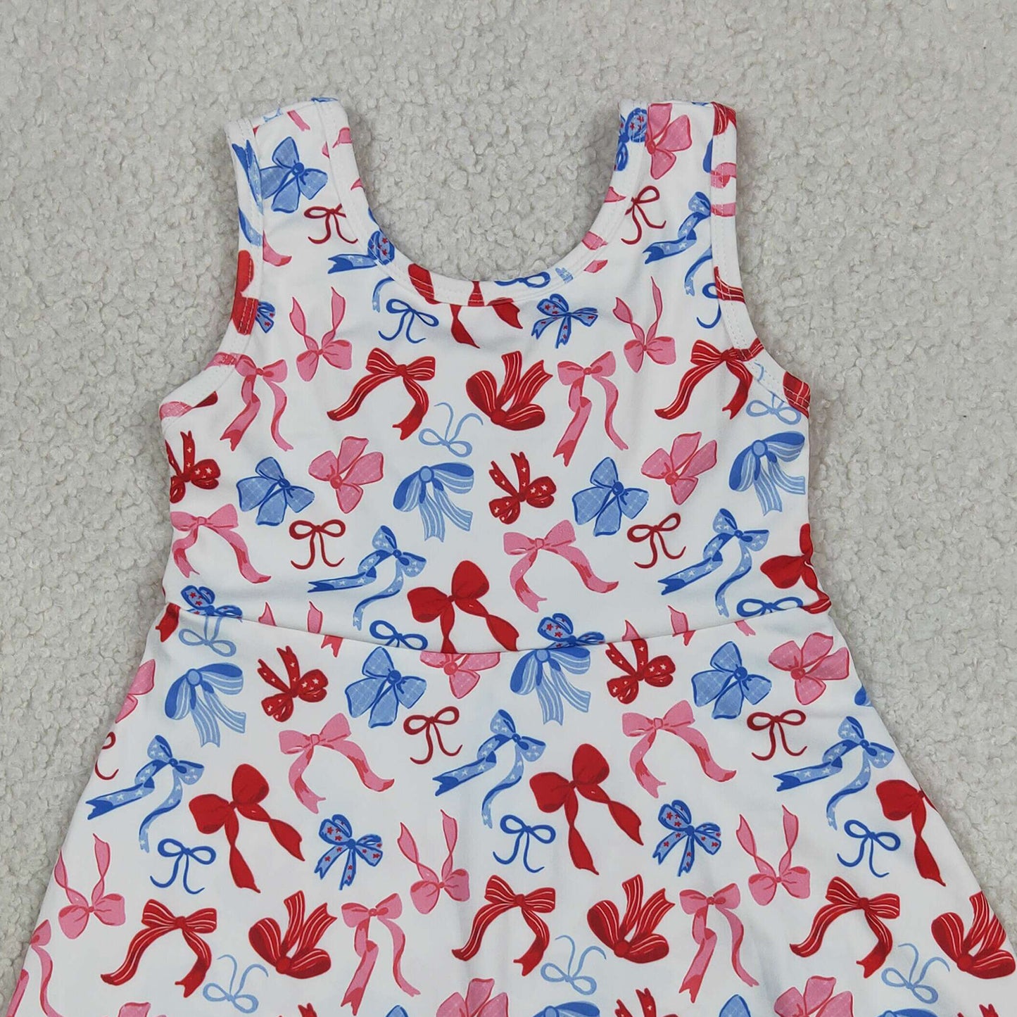 GSD3809 RTS NO MOQ （In stock）Red blue bow scallop kids girls 4th of july athletic dress（副本）