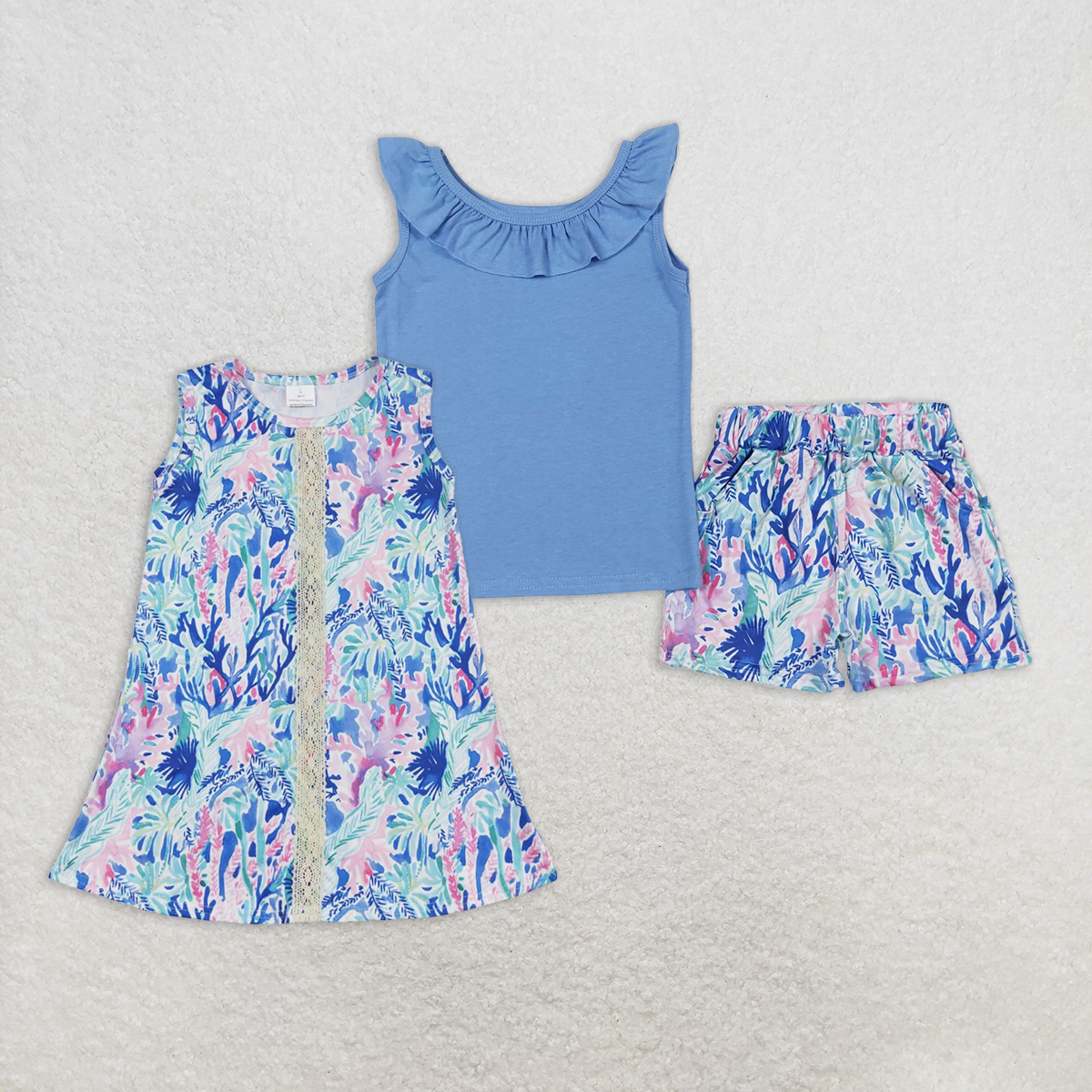 7.19 RTS NO MOQ Blue cotton top watercolor pocket shorts girls outfits dress