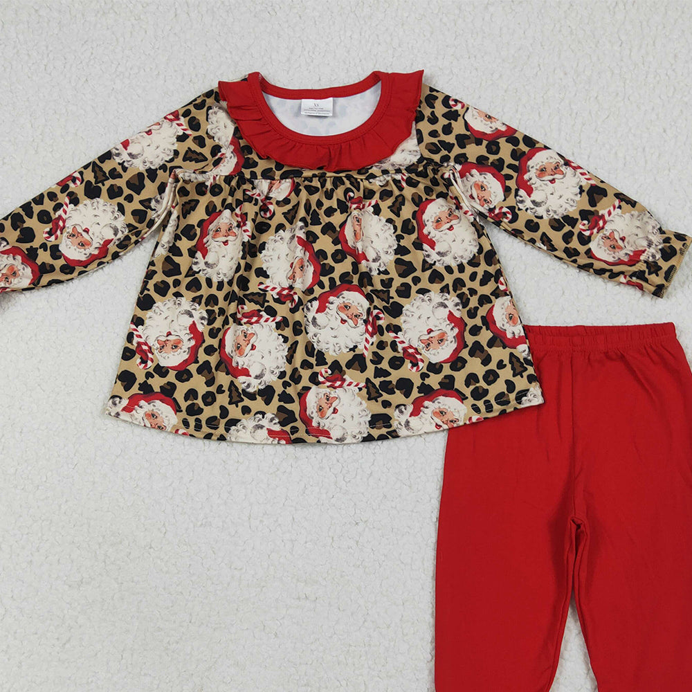 8.13   GLP2369RTS NO MOQ Baby Girls Winter Outfits Baby Girls Long Sleeves Leopard Santa Tunic Ruffle Pants Set