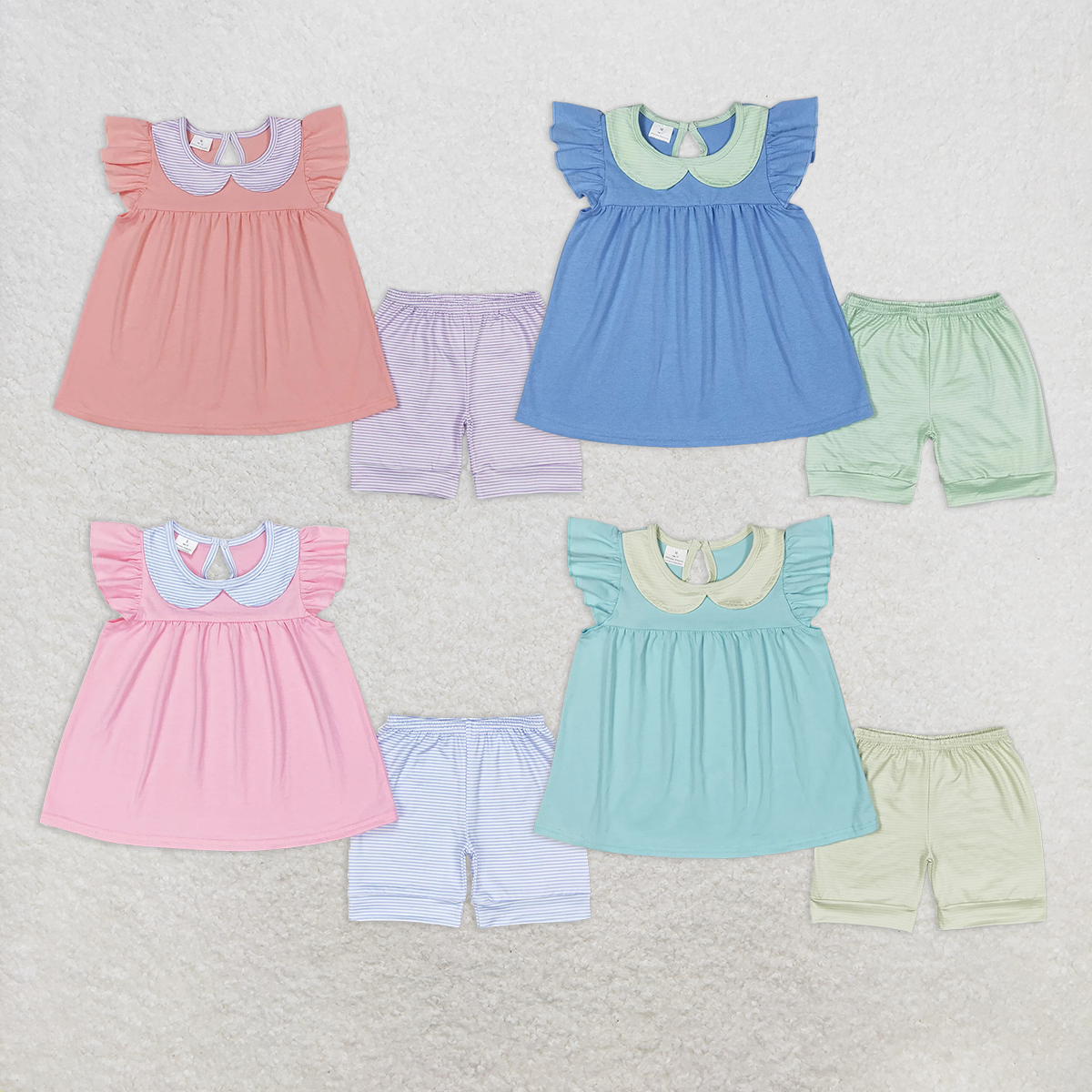 8.25 RTS NO MOQ Baby Girls Summer Outfits Green striped doll collar blue flying sleeve shorts suit