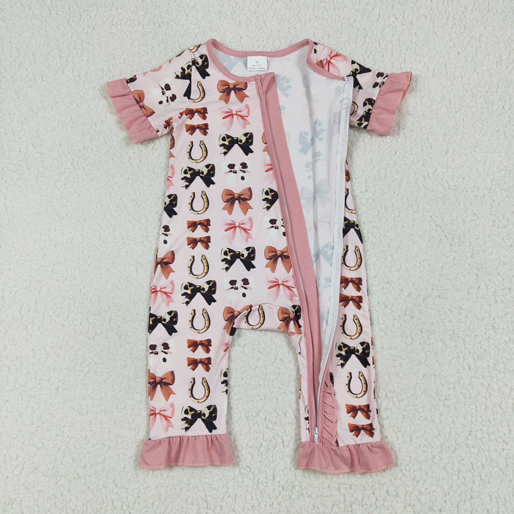 RTS NO MOQ （In stock）SR3116  Baby Girls Summer Rompers Baby Girls Pink Short Ruffle Sleeves Bows Horse Shoes Zipper Rompers
