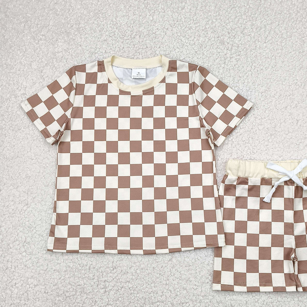 BSSO1422RTS NO MOQ  Baby Boys Summer Boys Outfits Khaki Plaid Baby Kids Summer Clothing Short Sleeve Comfortable Soft Polyester Square Patterned Romper for Infants