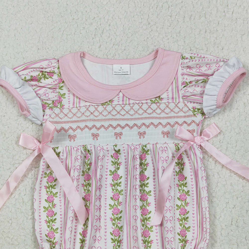 USA Shop (in stock)SR2994 RTS NO MOQ Baby Girls Summer Rompers Embroidery Baby Infant Girls Pink Floral Bows Ruffle Rompers