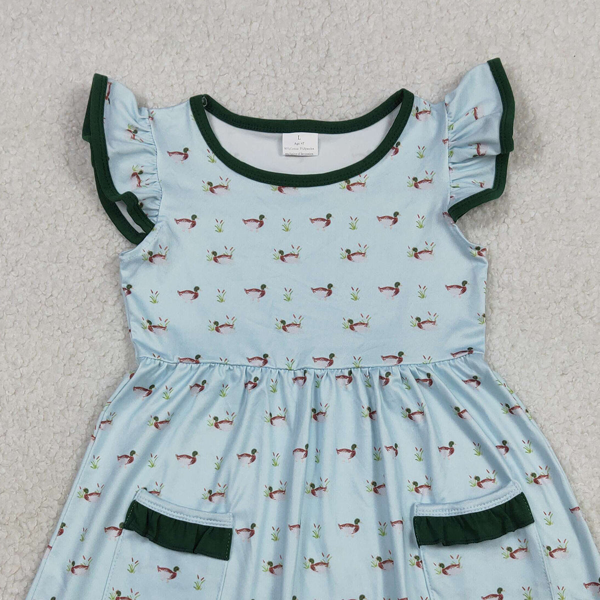 3.5 RTS NO MOQ （In stock）GSD3679 Kids Fashion Flutter Sleeve Ducks Pockets Hunting Knee Length Dress