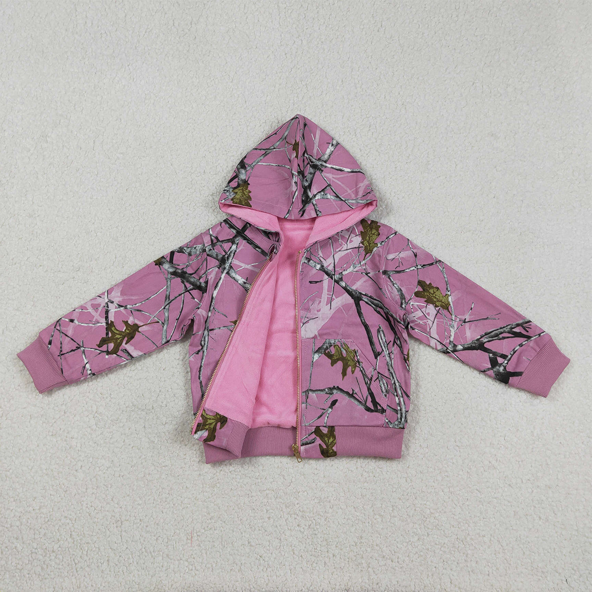 3.16 RST GT1591 Baby Girls Fashion Pink Southern Leaves Camo Zip Pockets Hoodie Jackets Top