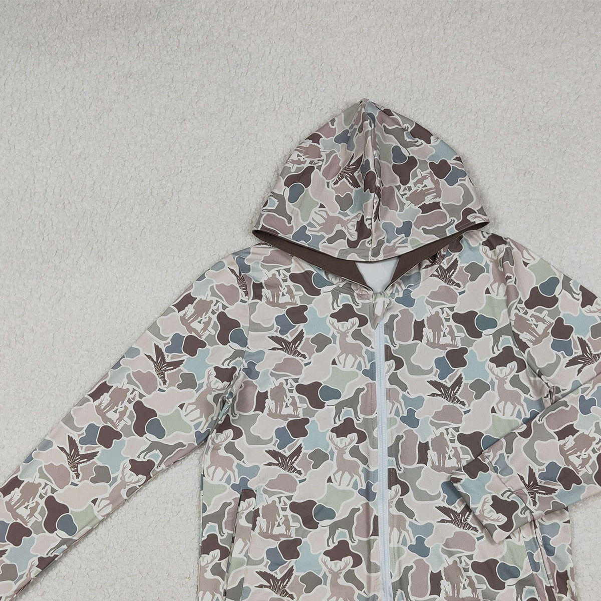 11.1 RTS NO MOQ （In stock）BT1392 Adult Men Dogs Ducks Hunting Camo Pockets Zipper Hoodies Jackets