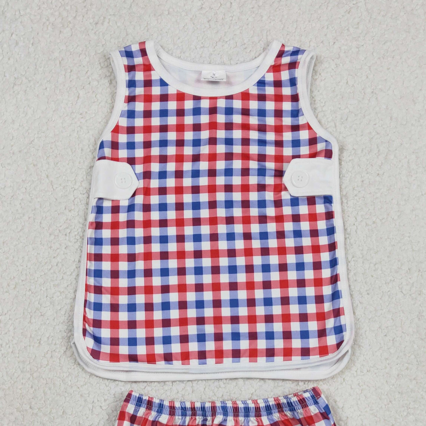 GBO0530 RTS NO MOQ （In stock）Red blue plaid top bummies baby boys 4th of july set