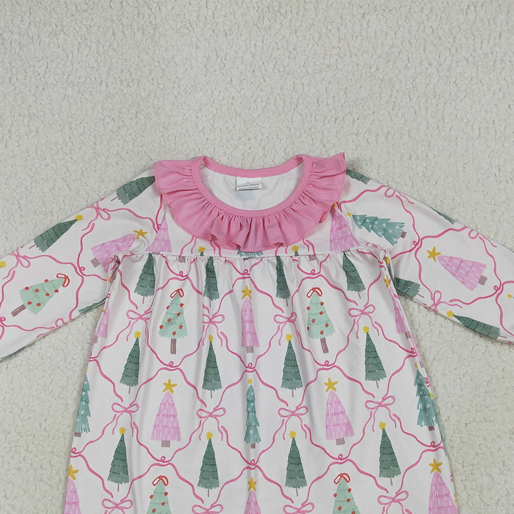 8.15 GLD1093 RTS NO MOQ Baby Girls Winter Dress baby girl clothes Christmas trees bow pink long sleeve dress