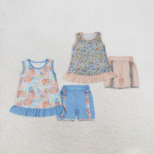 8.15 RTS Sibling Baby Girls Summer Outfits Sleeveless seaweed ruffle top shorts girls clothing set