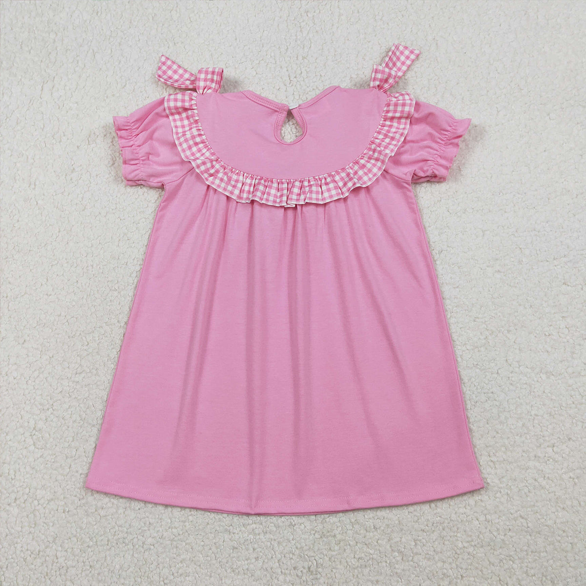 1.13 RTS NO MOQ （In stock）GSD3178 Smocked Crosses Baby Girls Short Ruffle Sleeve Easter Knee Length Dresses