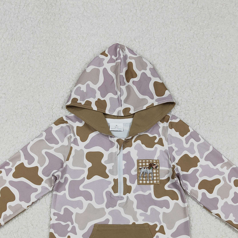 10.10 RTS NO MOQ （In stock）BT1302 Embroidery Dog Duck Baby Boys Camo Pocket Zipper Hunting Hoodies Top