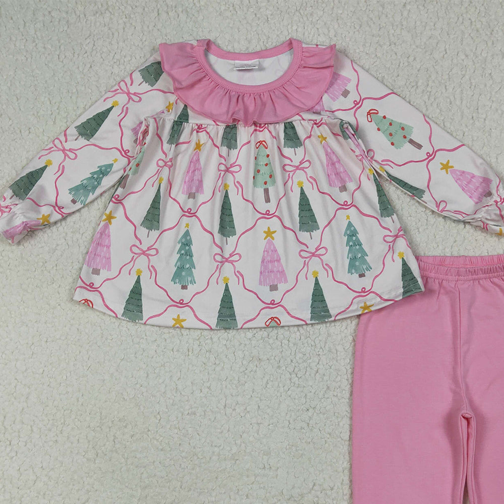 RTS NO MOQ （In stock） GLP2420 Baby Girls Winter Outfits Baby Girls Long Sleeves Trees Bows Plaid Tunic Ruffle Pant Set