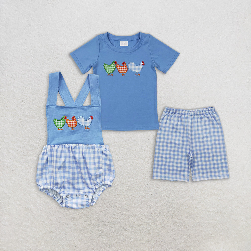 7.16  RTS NO MOQ Blue chicken shirt shorts kids boy clothes rompers