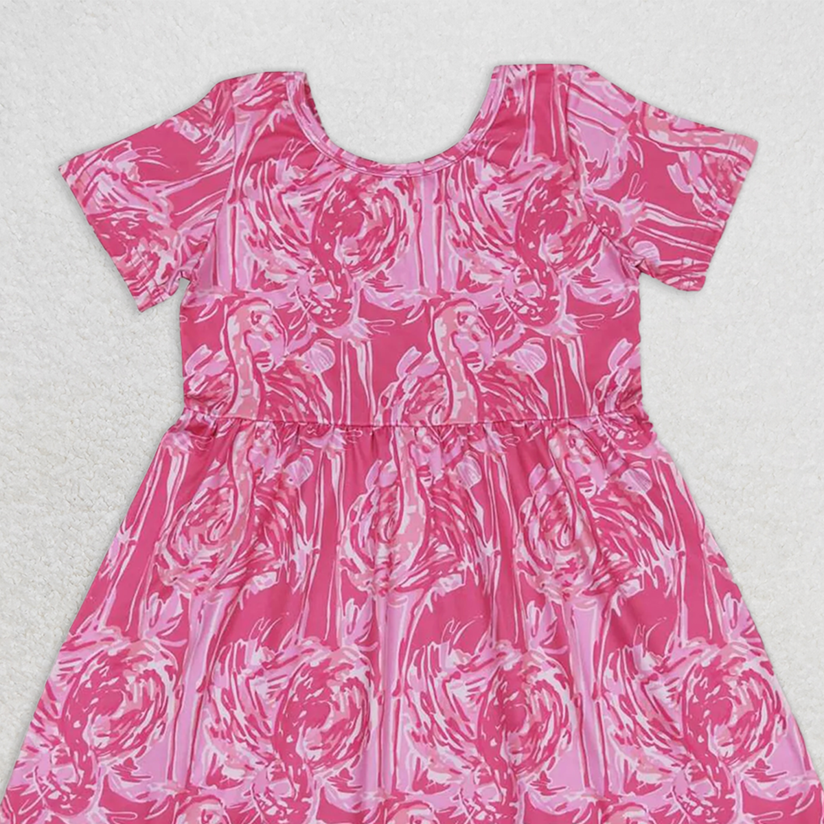 GSD1116 RTS NO MOQ Baby Girls Summer Dress Short sleeves hot pink watercolor flamingo girls summer dress