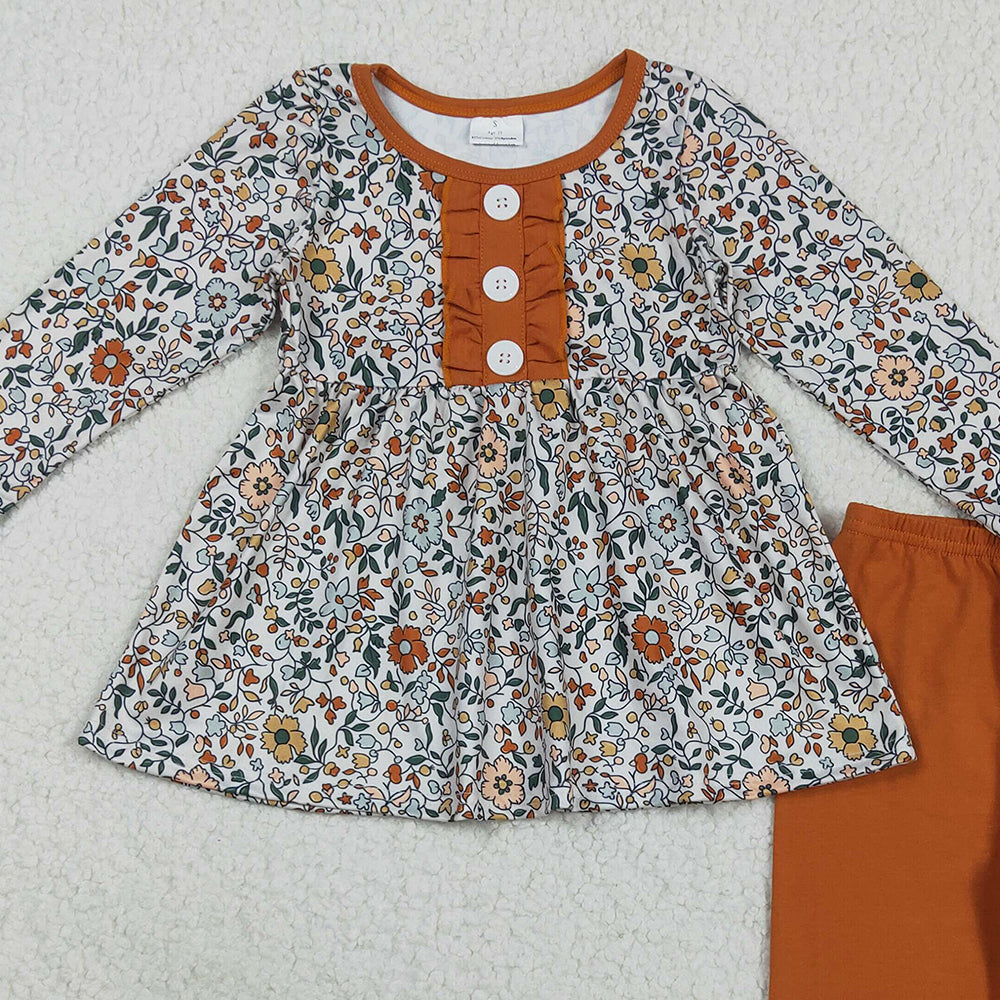 8.22 RTS NO MOQ （In stock）GLP2404 Baby Girls Winter Outfits Baby Girls Fall Orange Floral Button Tunic Icing Legging Outfits Sets