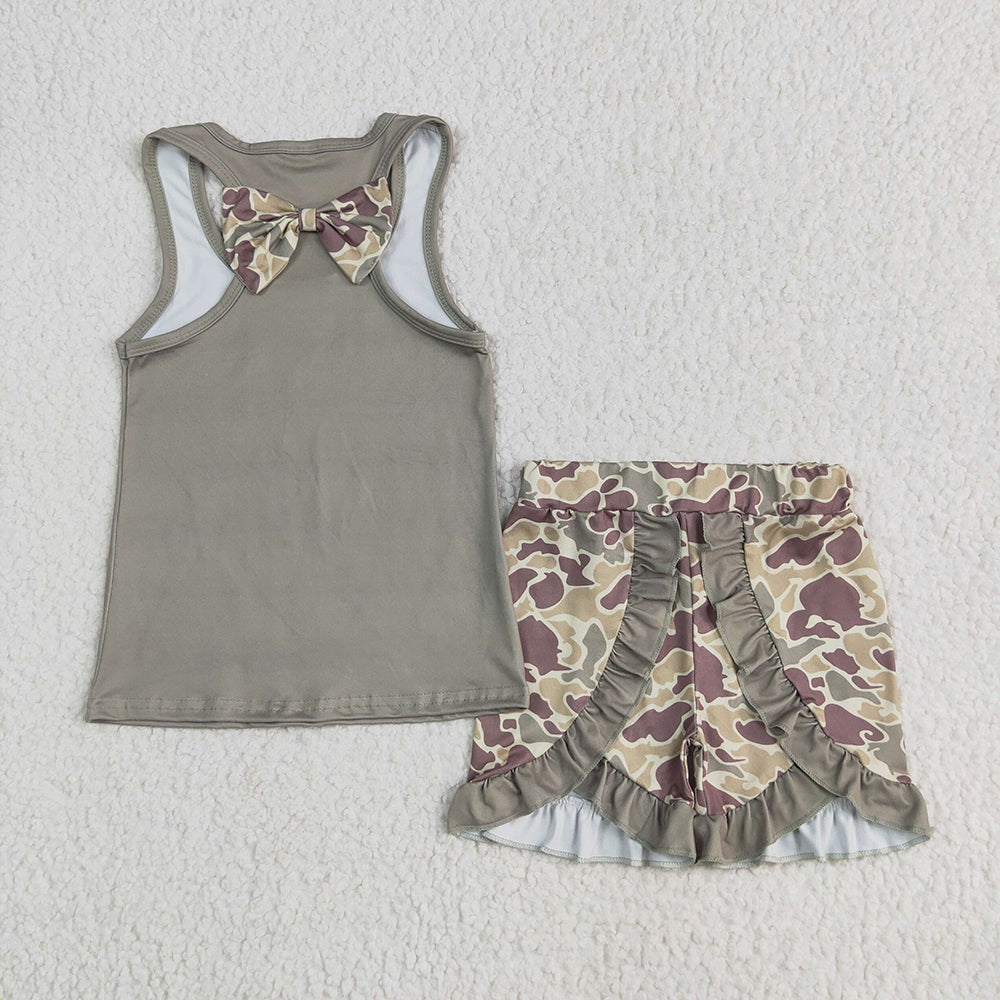 USA Shop (in stock) GSSO1629 RTS NO MOQ Baby Girls Summer Outfits Baby Girls Dark Green Bows Vest Ruffle Shorts Clothes Sets