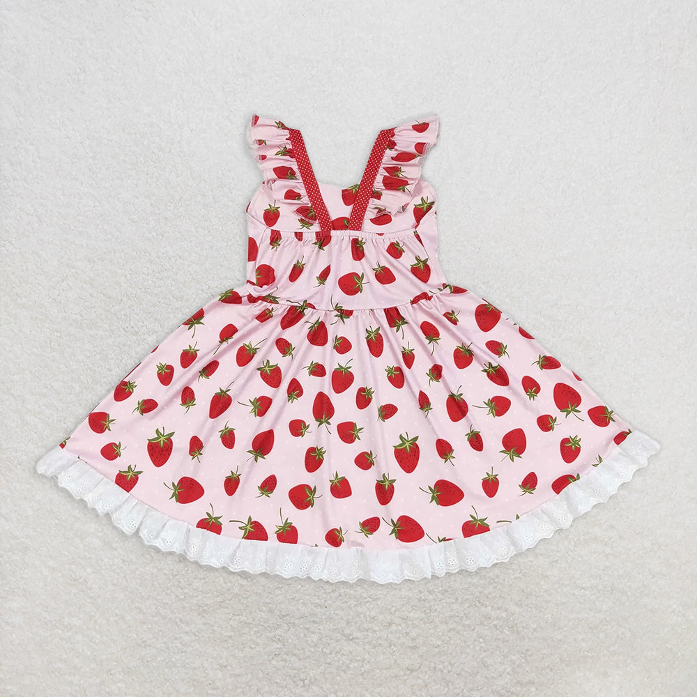 GSD1273 RTS NO MOQ Baby Girls Summer Dress  Baby Girls Strawberry Flutter Sleeve Knee Length Dresses