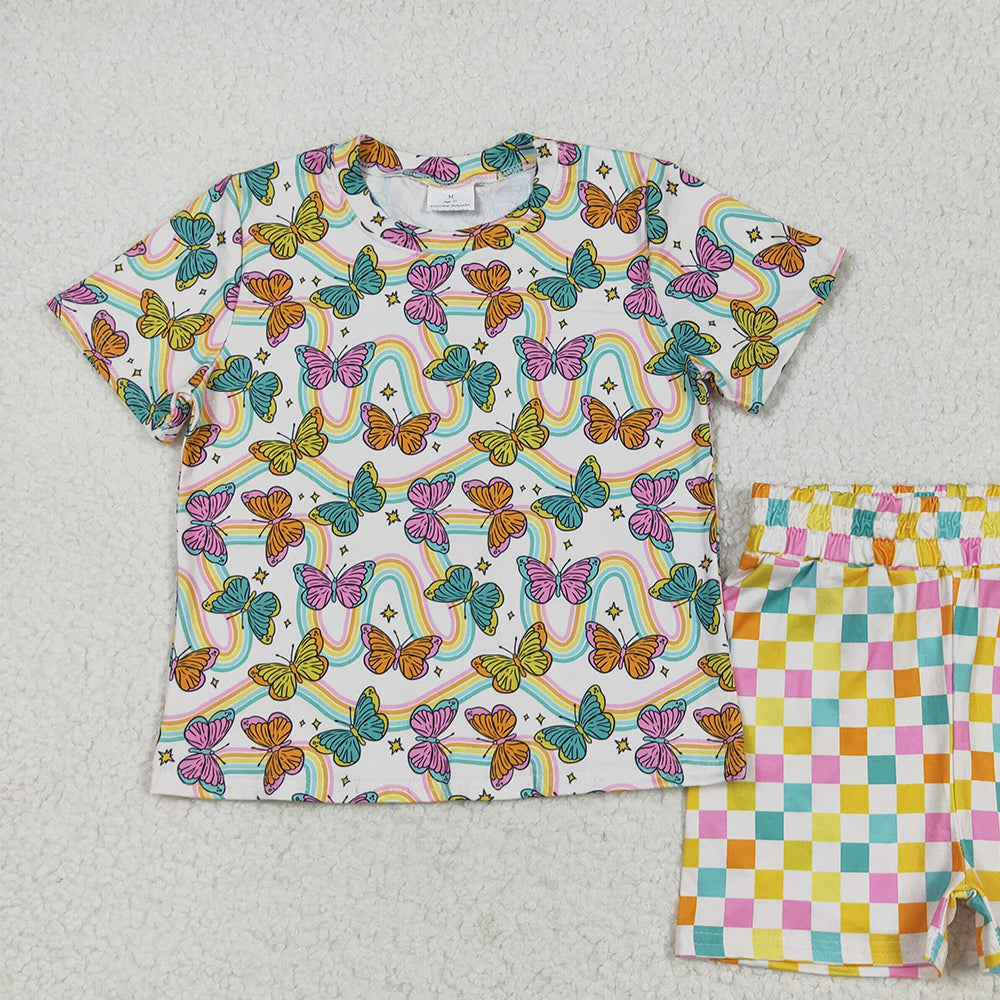 GSSO2615 RTS NO MOQ Baby Girls Summer Outfits Baby Girls Short Sleeves Butterfly Rainbows Top Colorful Plaid Short Pajamas Set