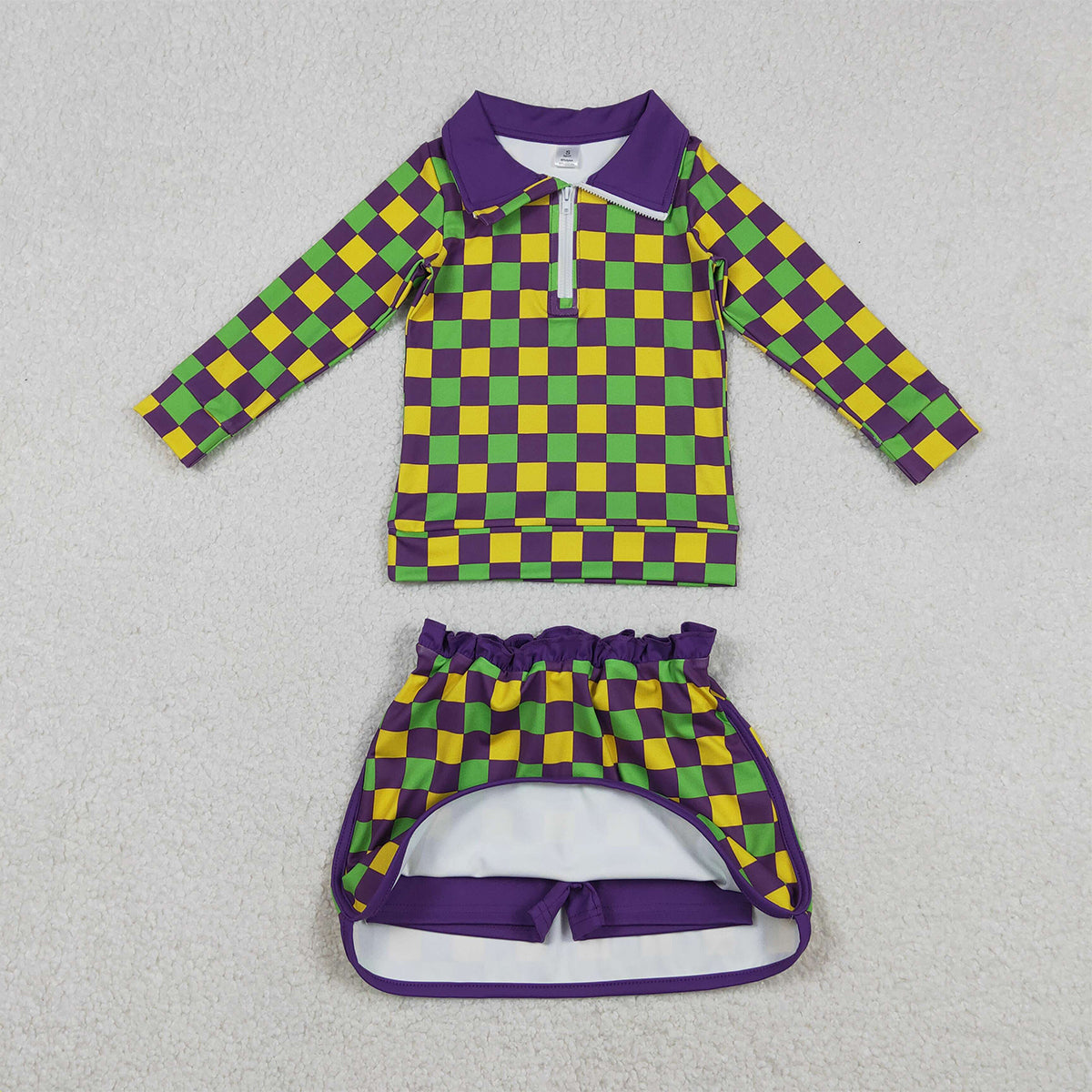 12.15 RTS NO MOQ （In stock）GLD1362 Baby Girls Mardigras Checked Zipper Pullovers Skirt Shorts Yoga Clothes Set